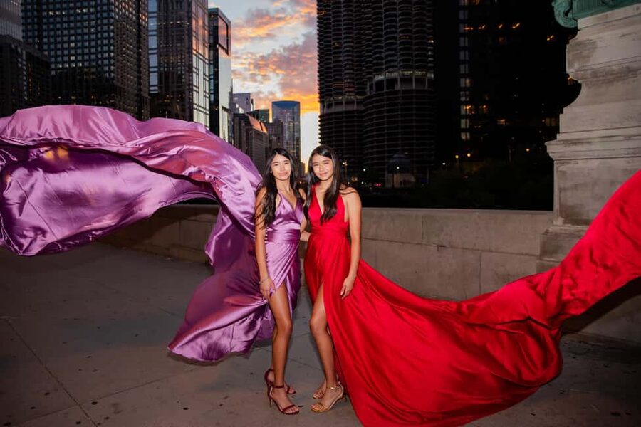 Chicago Luxury Flying Dress Photoshoot - The transformer dress setup: halter, cross front, or one shoulder