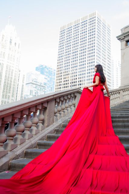 Chicago Luxury Flying Dress Photoshoot - Chicago Riverwalk photo stops: where the angles come together