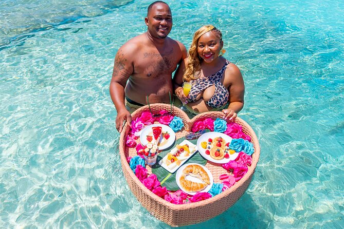 Curacao Floating Breakfast Photoshoot free Drone Videos & Mimosas - The Tray Setup: Croissants, Fresh Orange Juice, Cake, Donuts, Pancakes