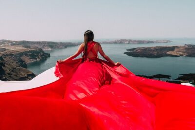 Exclusive Santorini Flying Dress Photoshoot with Pickup - Stop 1: Blue Dome Imerovigli and the “make the wind work” moment