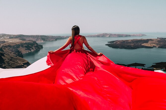 Exclusive Santorini Flying Dress Photoshoot with Pickup - Stop 1: Blue Dome Imerovigli and the “make the wind work” moment