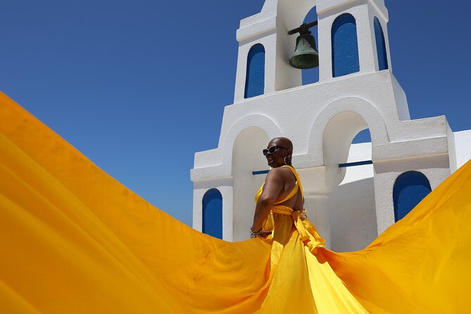 Flying Dress Photoshoot in Santorini, Blue Domes and Caldera View - Santorini blue domes + a dress that actually moves