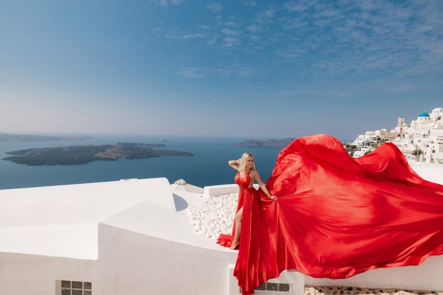 Flying dress Photoshoot in Santorini with Hotel Pickup - Fira Photo Stop and Sunset Timing: Nice Bonus, Not a Full Tour