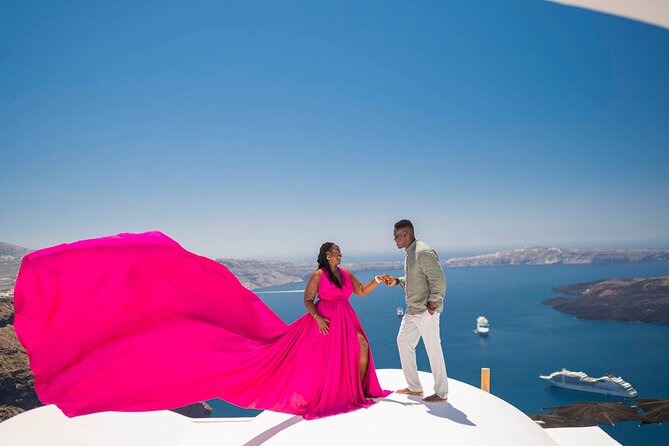Flying Dress Photoshoot in Santorini - Stop 1: Blue Dome Imerovigli for Classic Composition