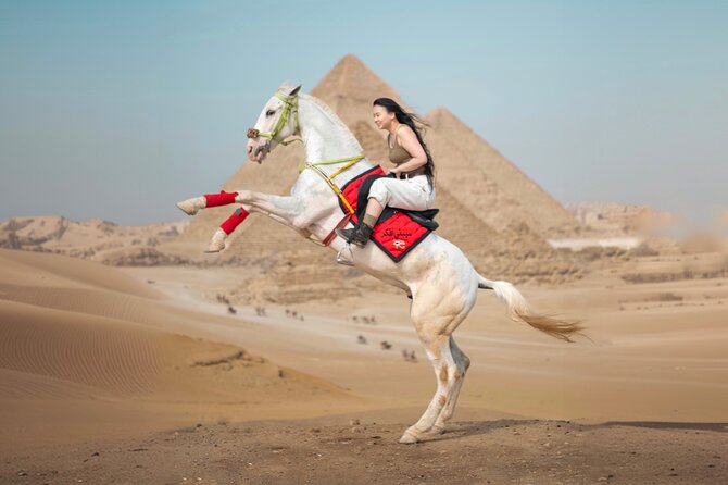 Giza Pyramids Photoshoot with Jumping Horse, Camel and Sphinx - Panoramic pyramids, camel ride, and the jumping horse photoshoot