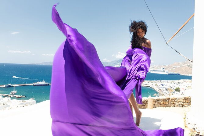Mykonos Flying Dress High End Professional Photographer - Paraportiani and Blue-Dome Mykonos