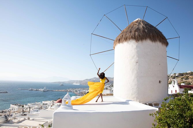 Mykonos Flying Dress High End Professional Photographer - The Windmills: Kato Milli, Morning Light, and Dress Motion