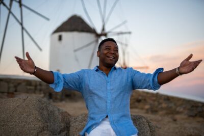 Mykonos Town Greece Photographer - Meeting at the Windmills and choosing your light window