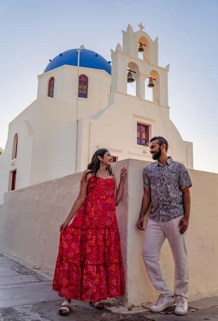 Oia: Couple Photoshoot Seprate Entrance to Blue Dome - Oia and the Blue Dome look: why this shoot feels different