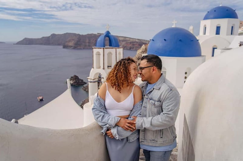 Oia: Couple Photoshoot Seprate Entrance to Blue Dome - The photographer + assistant team: what you’re paying for