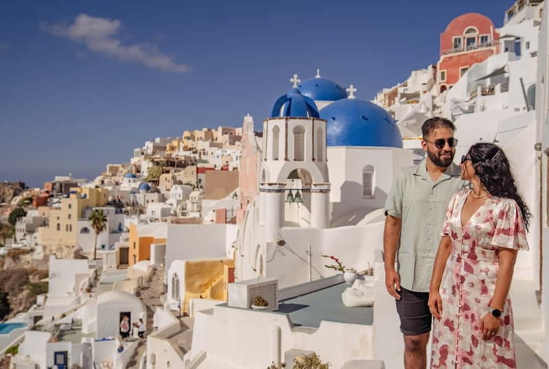 Oia: Couple Photoshoot Seprate Entrance to Blue Dome - Makeup and hair: what’s not included (and why it matters)