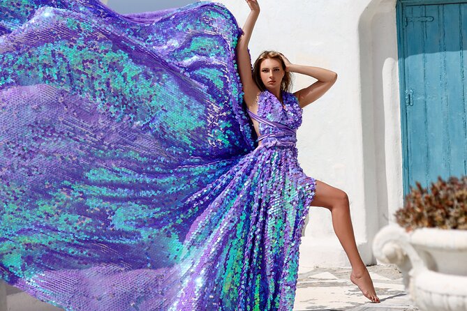 Private Flying Dress Photoshoot in Mikonos - A bougainvillea street and then a traditional Mykonos town view