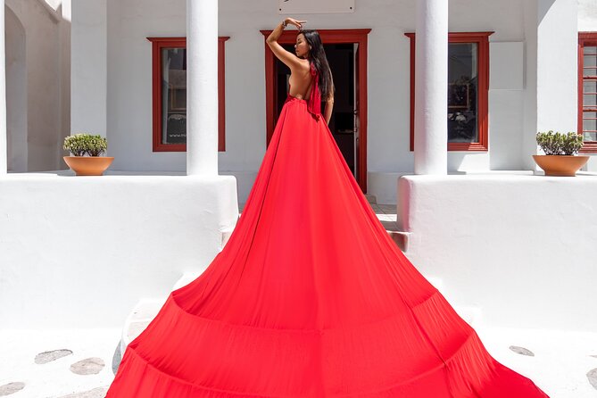 Private Flying Dress Photoshoot in Mikonos - Pop-up changing tent, dress catalog options, and the accessory boost