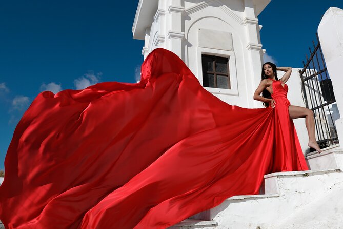 Private Flying Dress Photoshoot in Santorini – Blue Domes View - Meeting at Buddha-Bar Beach Santorini: what to expect before you step into photos
