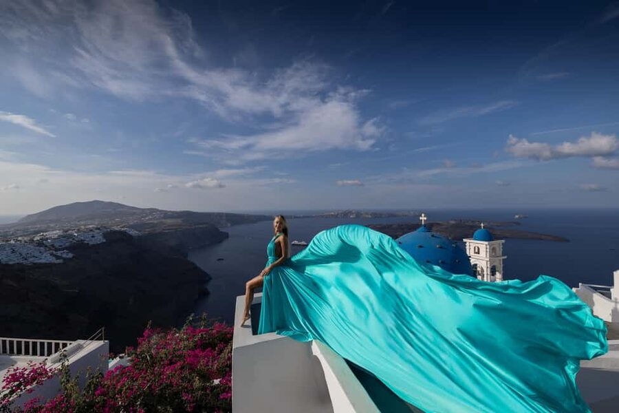 Santorini 1-Hour Private Flying Dress Photoshoot Blue Domes - Posing Guidance That Keeps You Feeling Normal
