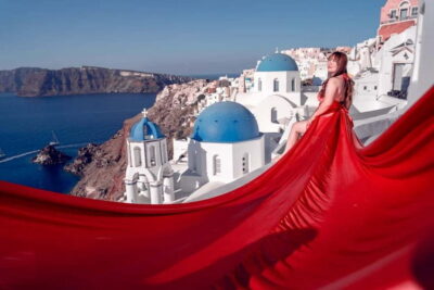 Santorini: Flying Dress Photoshoot Private Entry to Blue Dom - Oia, Imerovigli, Fira, or your hotel: choosing the right backdrop