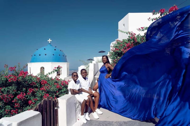 Santorini: Flying Dress Photoshoot Private Entry to Blue Dom - Habibi and the team: coaching that helps beginners feel normal
