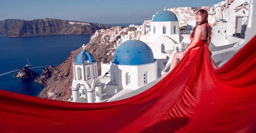 Santorini: Flying Dress Photoshoot Private Entry to Blue Dom - Videos and optional add-ons: when it’s worth spending more