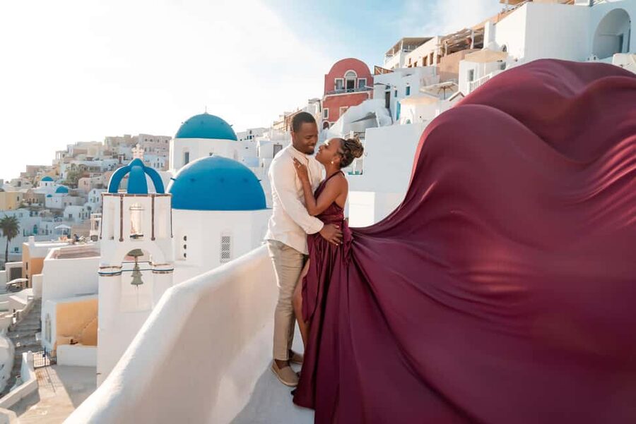 Santorini: Oia Flying Dress Photoshoot by SokoLOVE - The Flying-Dress Effect: Wind, Movement, and a Helper Who Understands Fabric