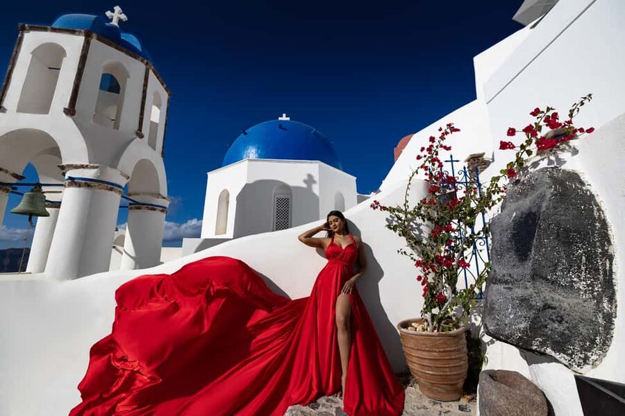 Santorini: Private Flying Dress Photoshoot at Iconic Spots - Entering Santorini’s Blue-Dome Look With Real Photo Guidance