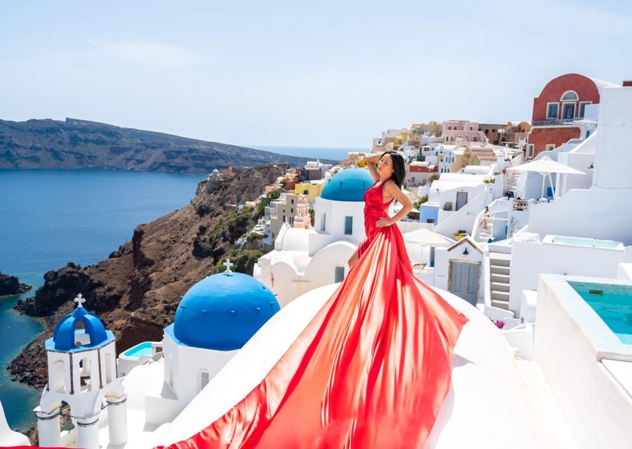 Santorini: Private Flying Dress Photoshoot with Pickup - What you get for $577: photos, not just a backdrop