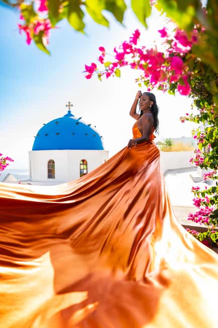 Santorini: Proffessional Flying Dress Photoshoot - The Imerovigli photo walk: blue domes, white rooftops, and sea angles