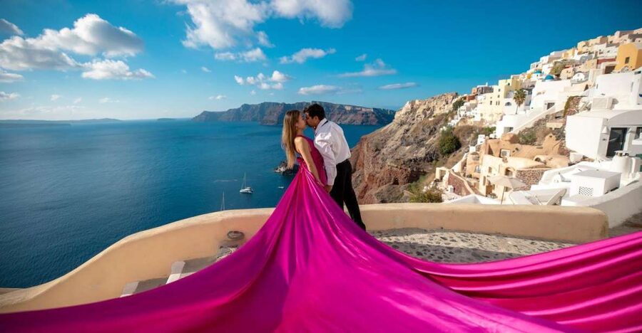 Santorini: Unique Flying Dress Photoshoot Experience - Oia Blue Domes + a Flying Dress: Why This Works in Santorini